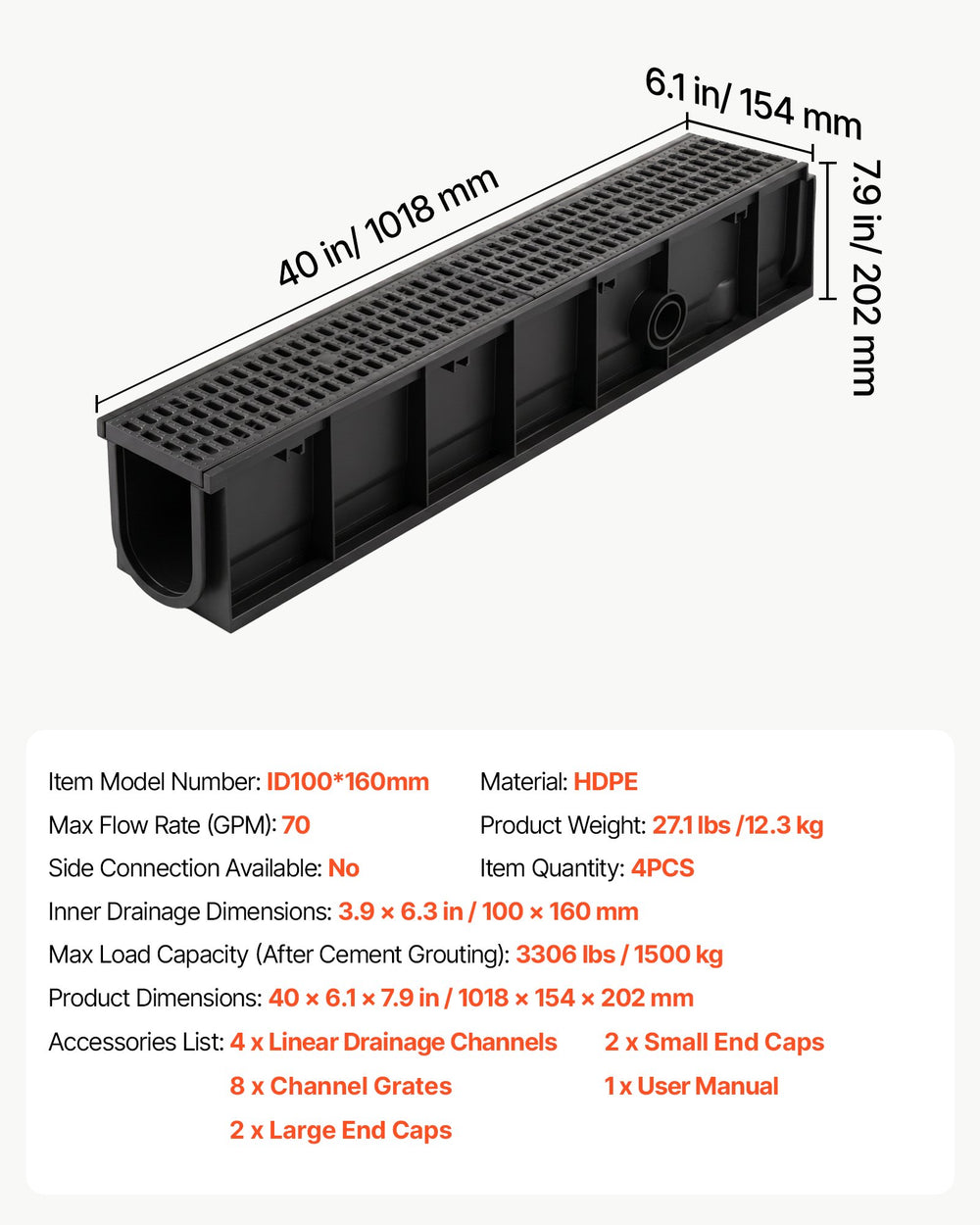 VEVOR Trench Drain, 40.1 x 6.1 x 8.0 in, 4 Pack Linear Drainage Channel, HDPE Channel Drain with Grates & End Caps, Premium Outdoor Drainage System for Driveway, Patio, Pool, Garden, Yard, Black