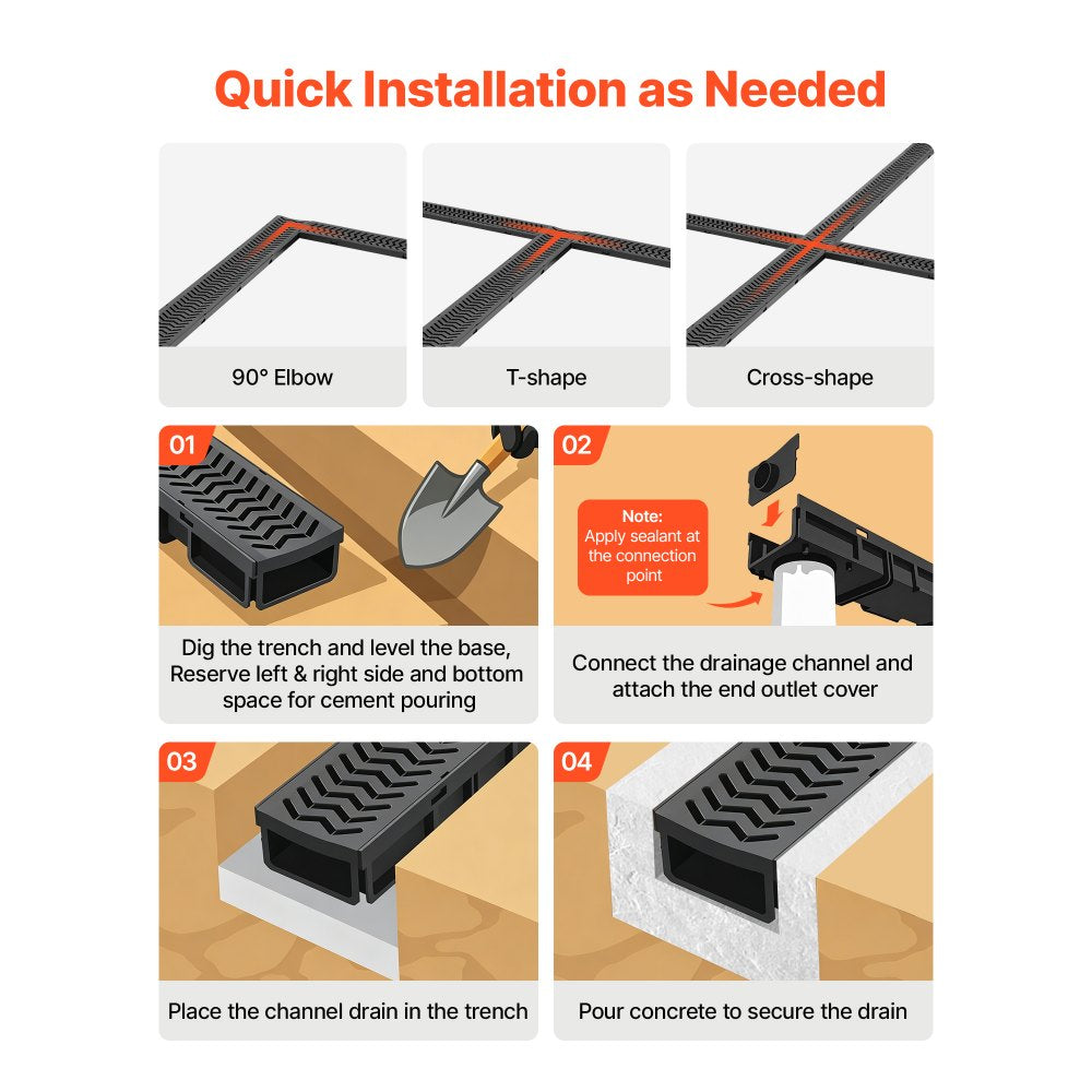 VEVOR Trench Drain, 39.6 x 4.1 x 2.4 in, 5 Pack Linear Drainage Channel, HDPE Channel Drain with Grates & End Caps, Premium Outdoor Drainage System for Driveway, Patio, Pool, Garden, Yard, Black