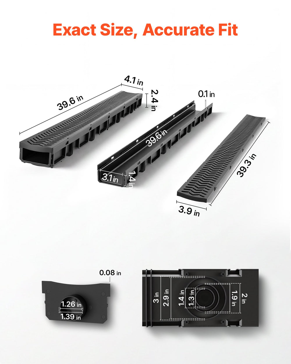 VEVOR Trench Drain, 39.6 x 4.1 x 2.4 in, 5 Pack Linear Drainage Channel, HDPE Channel Drain with Grates & End Caps, Premium Outdoor Drainage System for Driveway, Patio, Pool, Garden, Yard, Black