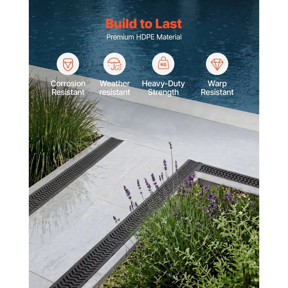 VEVOR Trench Drain, 39.6 x 4.1 x 2.4 in, 6 Pack Linear Drainage Channel, HDPE Channel Drain with Grates & End Caps, Premium Outdoor Drainage System for Driveway, Patio, Pool, Garden, Yard, Black