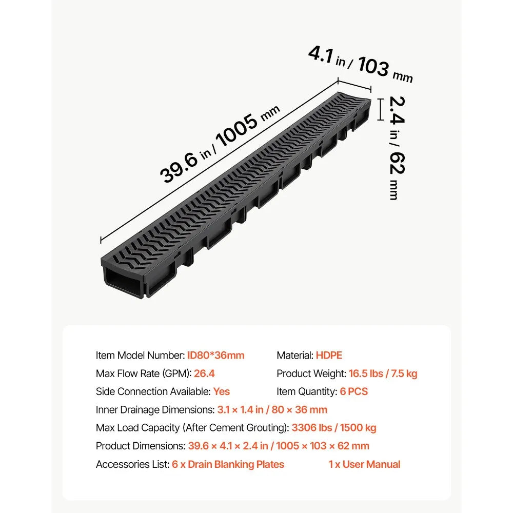 VEVOR Trench Drain, 39.6 x 4.1 x 2.4 in, 6 Pack Linear Drainage Channel, HDPE Channel Drain with Grates & End Caps, Premium Outdoor Drainage System for Driveway, Patio, Pool, Garden, Yard, Black