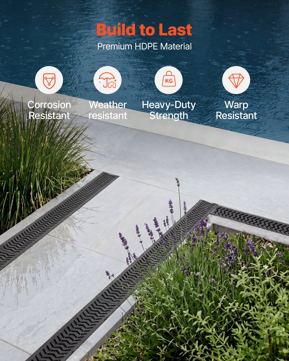 VEVOR Trench Drain, 39.6 x 4.1 x 2.4 in, 6 Pack Linear Drainage Channel, HDPE Channel Drain with Grates & End Caps, Premium Outdoor Drainage System for Driveway, Patio, Pool, Garden, Yard, Black