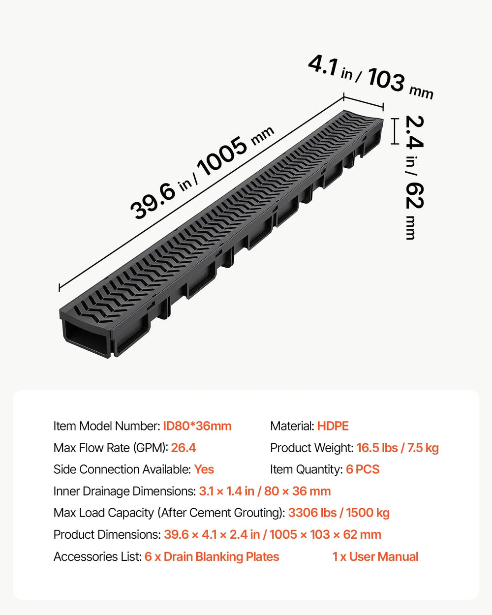 VEVOR Trench Drain, 39.6 x 4.1 x 2.4 in, 6 Pack Linear Drainage Channel, HDPE Channel Drain with Grates & End Caps, Premium Outdoor Drainage System for Driveway, Patio, Pool, Garden, Yard, Black
