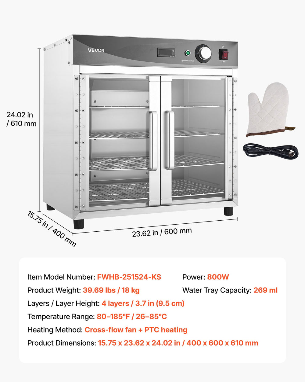 VEVOR Electric Hot Box Food Warmer - Dimensions and Specs Overview Image