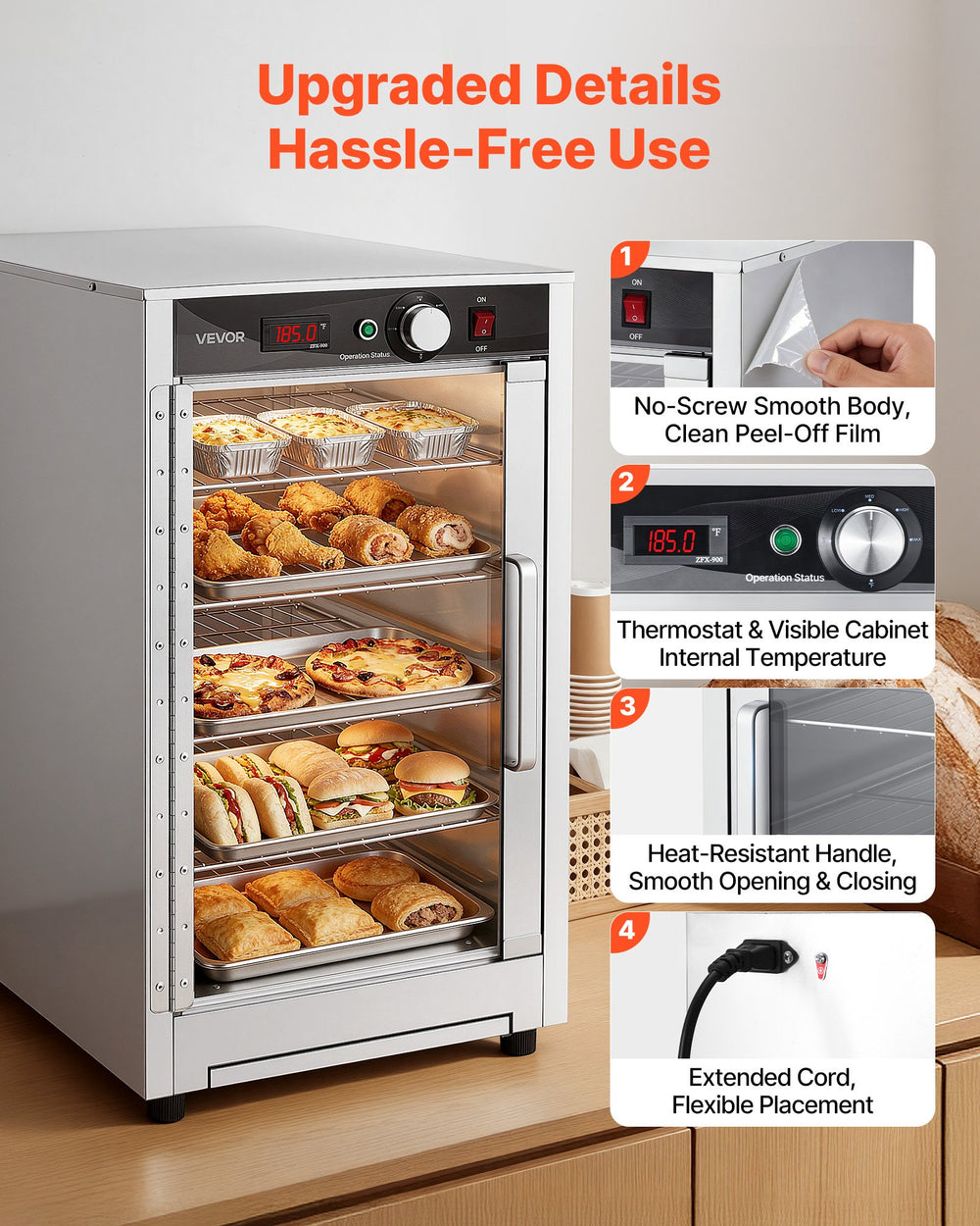 VEVOR Electric Hot Box Food Warmer, 5-Tier Commercial Warming Cabinet with Water Tray, Glass Door and Adjustable Shelves, Stainless Steel Food Warmer Cabinet, for Restaurant, Kitchen, Pizza, Chicken