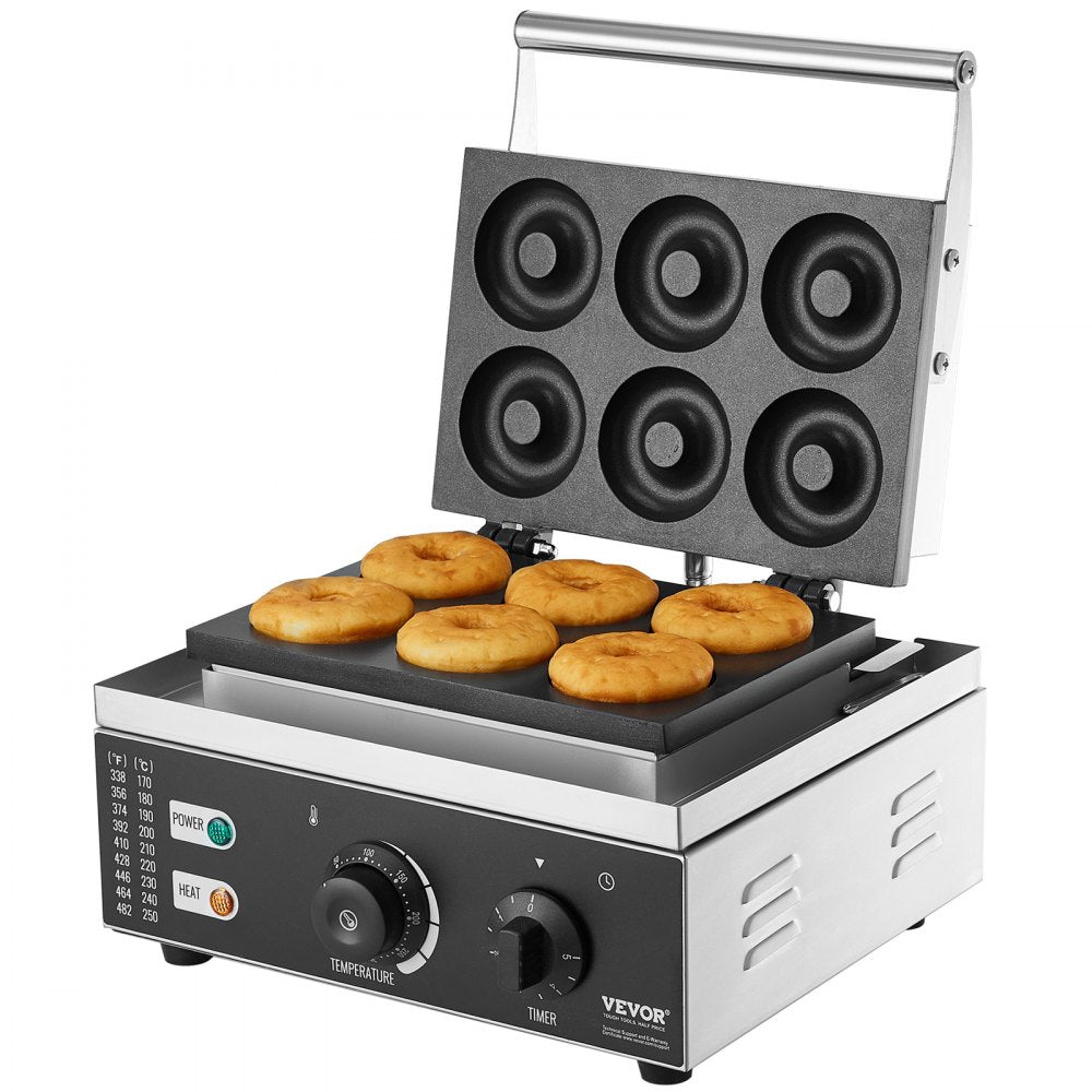 VEVOR Electric Donut Maker, 1550W Commercial Doughnut Machine with Non-stick Surface, 6 Holes Double-Sided Heating Waffle Machine Makes 6 Doughnuts, Temperature 122-572℉, for Restaurant and Home Use
