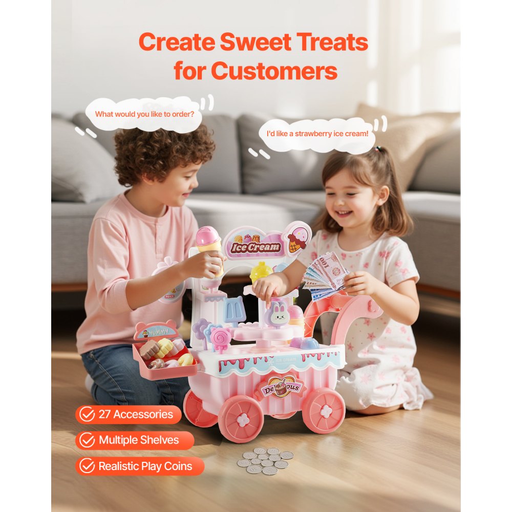 VEVOR Ice Cream Cart for Kids, 27 PCS Accessories, Pretend Play Store with Storage Trolley with Pretend Money, Sound & Light Effects, Montessori Educational Ice Cream Truck Toys for Toddlers 3+ (Pink)