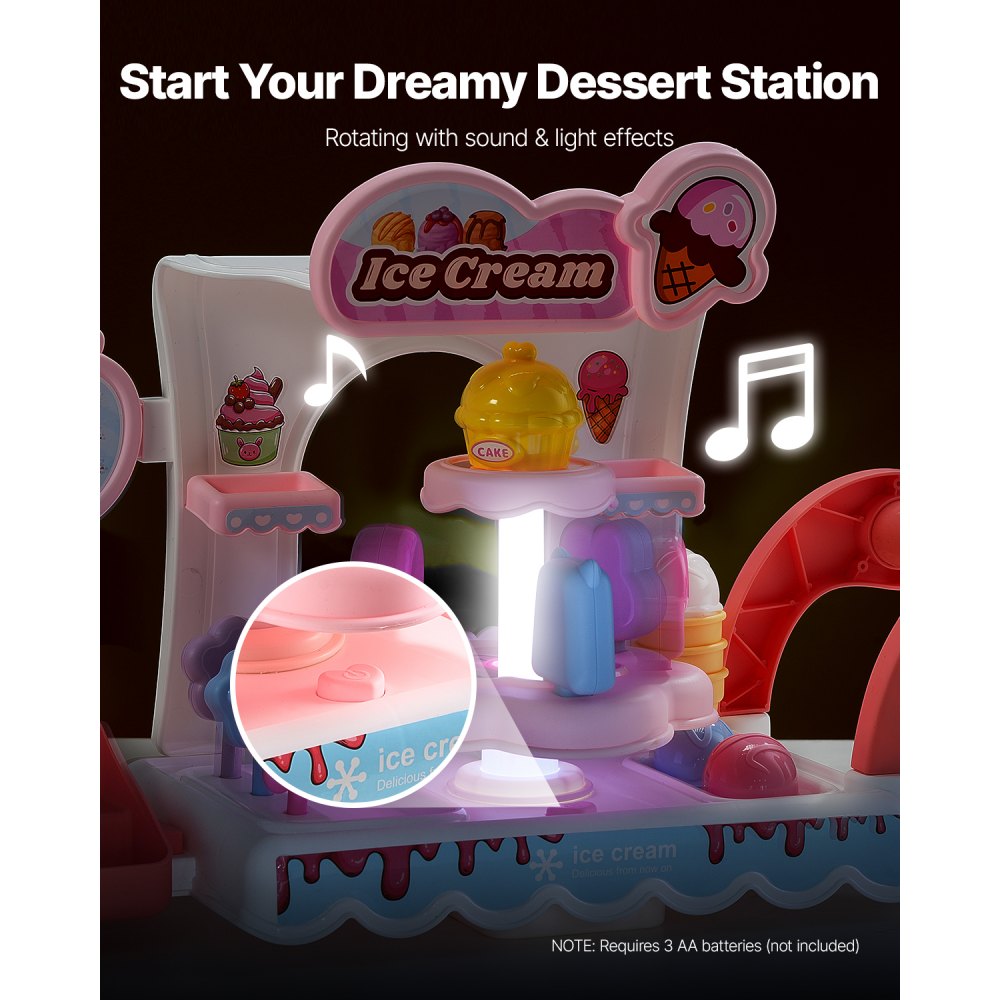 VEVOR Ice Cream Cart for Kids, 27 PCS Accessories, Pretend Play Store with Storage Trolley with Pretend Money, Sound & Light Effects, Montessori Educational Ice Cream Truck Toys for Toddlers 3+ (Pink)