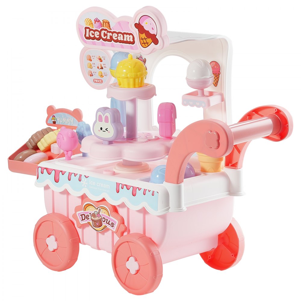 VEVOR Ice Cream Cart for Kids, 27 PCS Accessories, Pretend Play Store with Storage Trolley with Pretend Money, Sound & Light Effects, Montessori Educational Ice Cream Truck Toys for Toddlers 3+ (Pink)