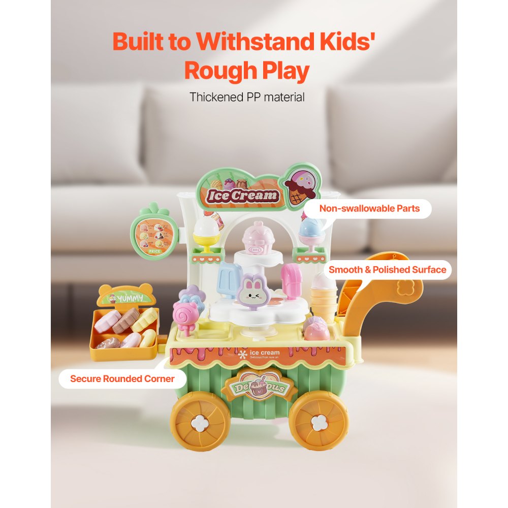 VEVOR Ice Cream Cart for Kids, 27 PCS Accessories, Pretend Play Store with Storage Trolley with Pretend Money, Sound & Light Effects, Montessori Educational Ice Cream Truck Toys for Toddlers 3+
