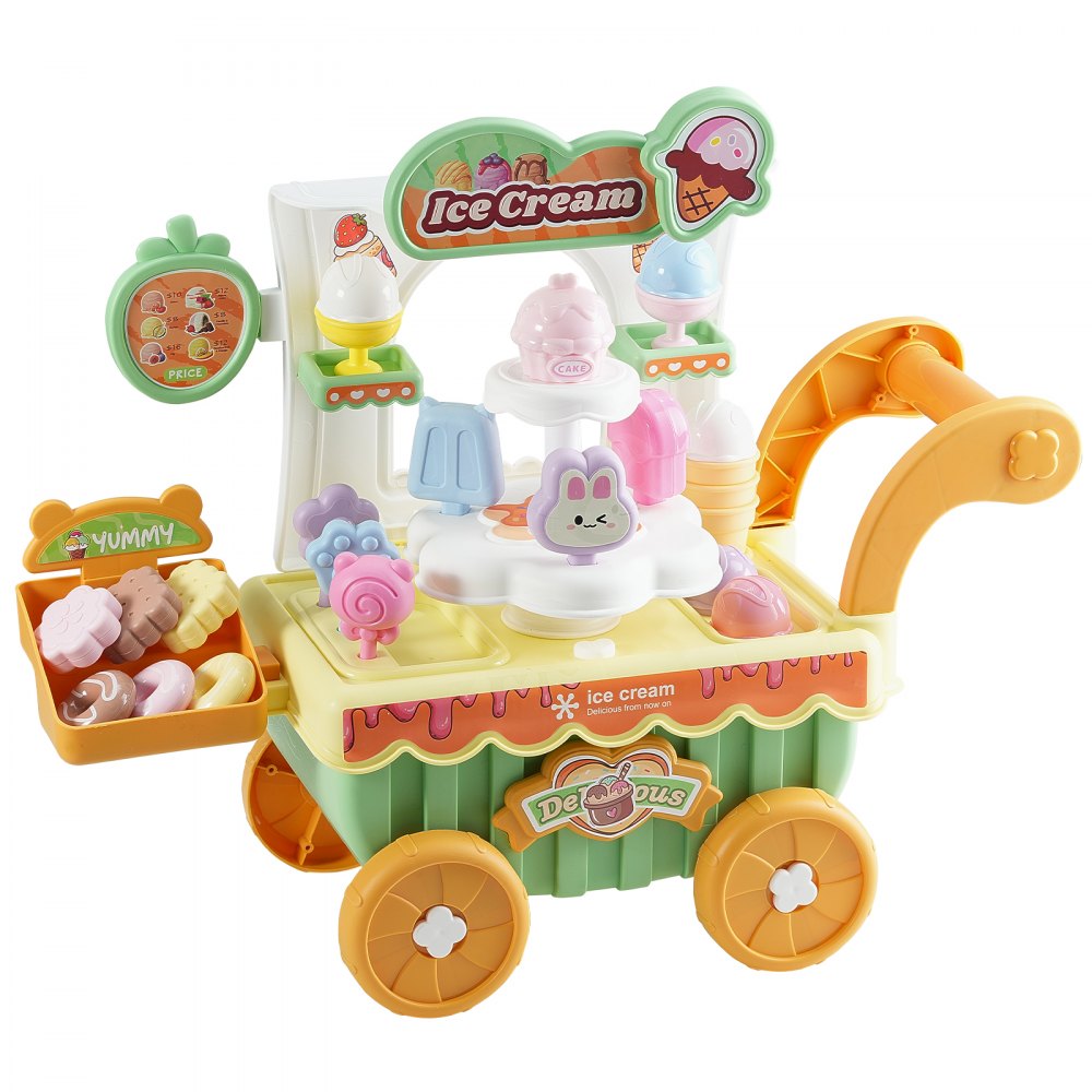 VEVOR Ice Cream Cart for Kids, 27 PCS Accessories, Pretend Play Store with Storage Trolley with Pretend Money, Sound & Light Effects, Montessori Educational Ice Cream Truck Toys for Toddlers 3+