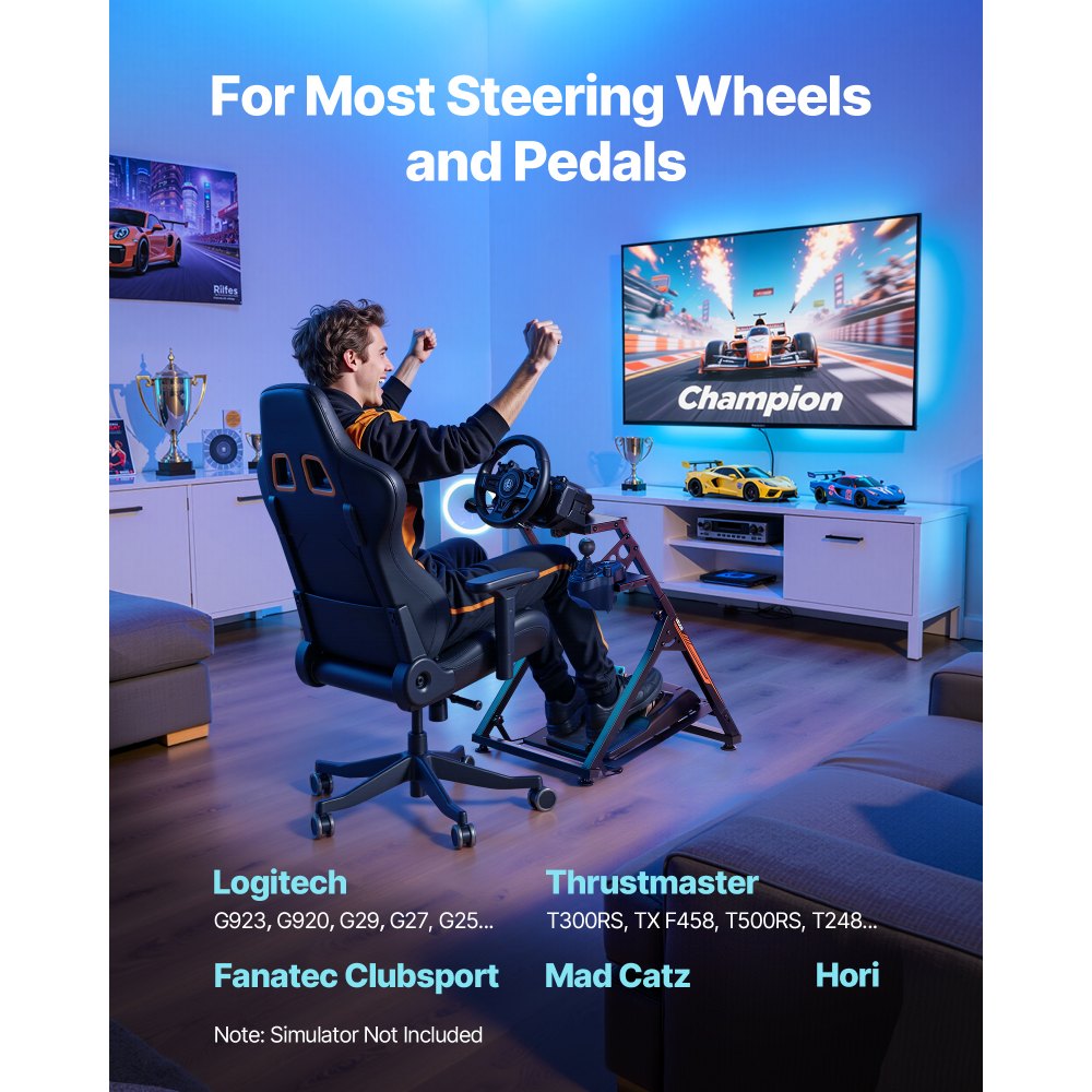 VEVOR Racing Wheel Stand, Adjustable & Foldable Simulator Stand for Logitech G923 G920 G29 G27, Thrustmaster T300RS TX F458 T500RS T3PA-PRO(F1/GT) Gaming Cockpit,Pedals Simulator NOT Included,Compact