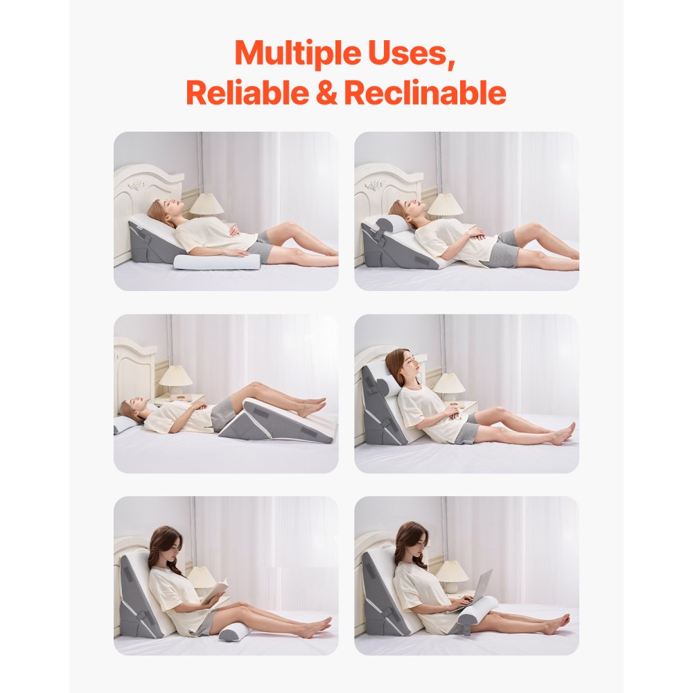 VEVOR Bed Wedge Pillow for Sleeping, 3 Pcs Adjustable Orthopedic Bed Wedge Set, with Jacquard Washable Cover & Foam Support, Post Surgery Pillow for Acid Reflux Back Pain Snoring Relief, White/Grey
