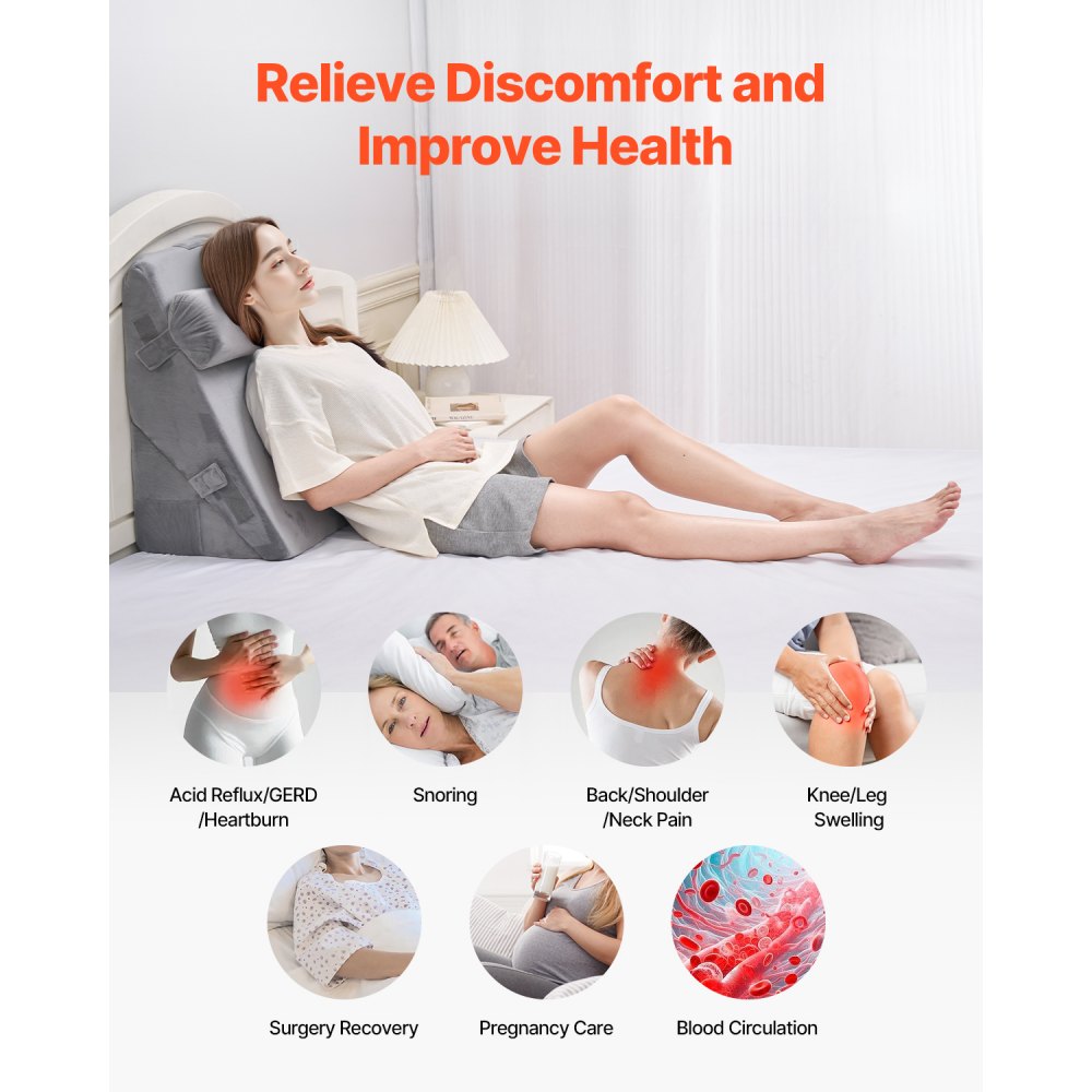 VEVOR Bed Wedge Pillow for Sleeping, 3 Pcs Adjustable Orthopedic Bed Wedge Set, with Washable Cover & Foam Support, Post Surgery Pillow for Acid Reflux, Back Pain, Snoring Relief & GERD, Dark Grey