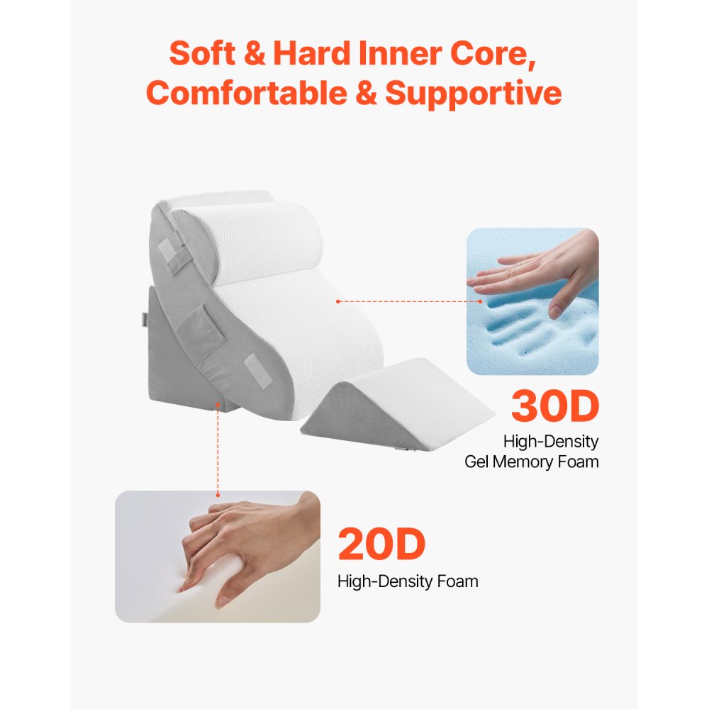 VEVOR Wedge Pillow for Sleeping, 4 Pcs Adjustable Orthopedic Bed Wedge Set, Support Leg Neck Shoulder, Post Surgery Pillow for Back Pain, Acid Reflux, Snoring Relief, Sitting up in Bed, White/Grey