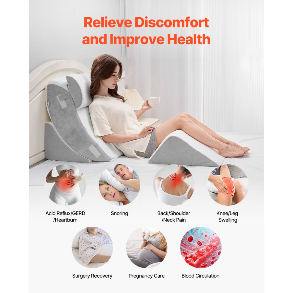 VEVOR Wedge Pillow for Sleeping, 4 Pcs Adjustable Orthopedic Bed Wedge Set, Support Leg Neck Shoulder, Post Surgery Pillow for Back Pain, Acid Reflux, Snoring Relief, Sitting up in Bed, White/Grey