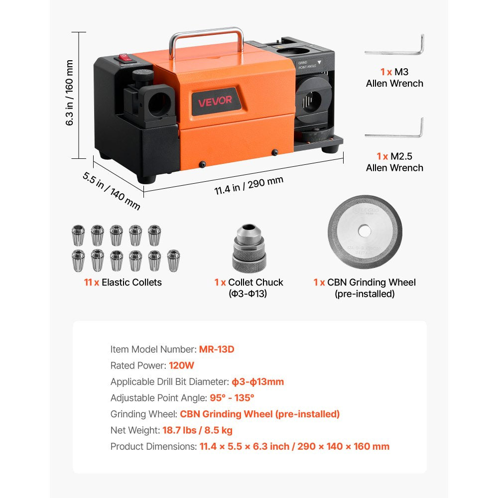 VEVOR Drill Bits Sharpener MR-13D, 3–13mm Professional Drill Bit Grinder with Adjustable Lip Relief Angle, Front Cutting Lip & 95°-135° Point Angle, 5800RPM Re-Sharpener with 11 Collets & CBN Wheel