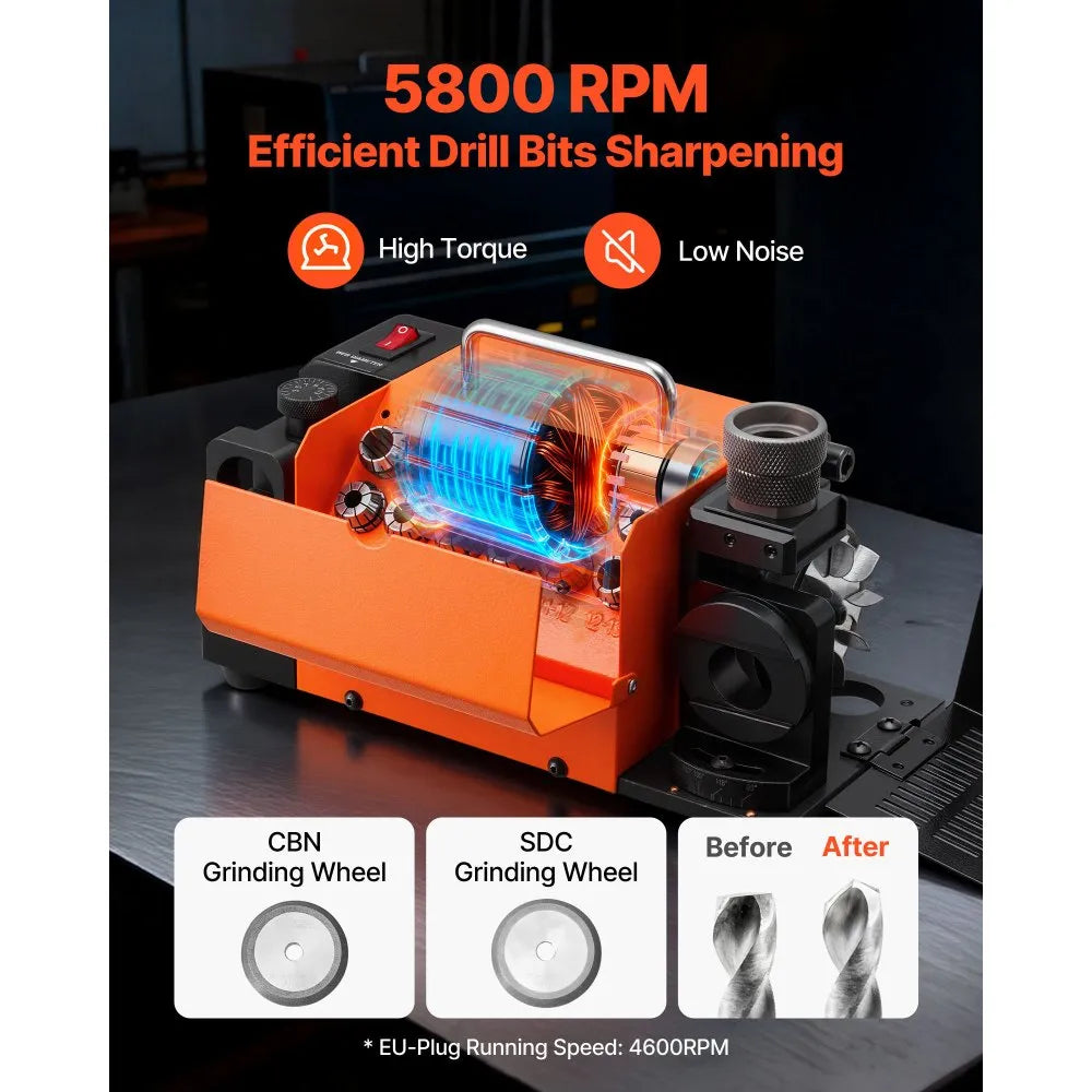 VEVOR Drill Bits Sharpener MR-13B+, 3-15mm Drill Bit Grinder Sharpener with Adjustable Lip Relief Angle & 95°-135° Point Angle, 5800RPM High Speed Re-Sharpener with 13 Collets, CBN & SDC Wheels