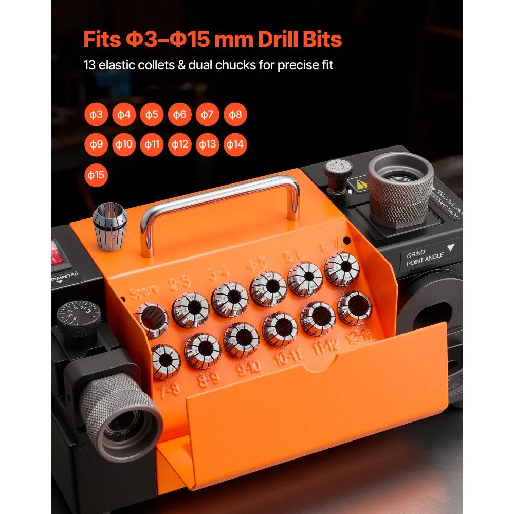 VEVOR Drill Bits Sharpener MR-13B+, 3-15mm Drill Bit Grinder Sharpener with Adjustable Lip Relief Angle & 95°-135° Point Angle, 5800RPM High Speed Re-Sharpener with 13 Collets, CBN & SDC Wheels