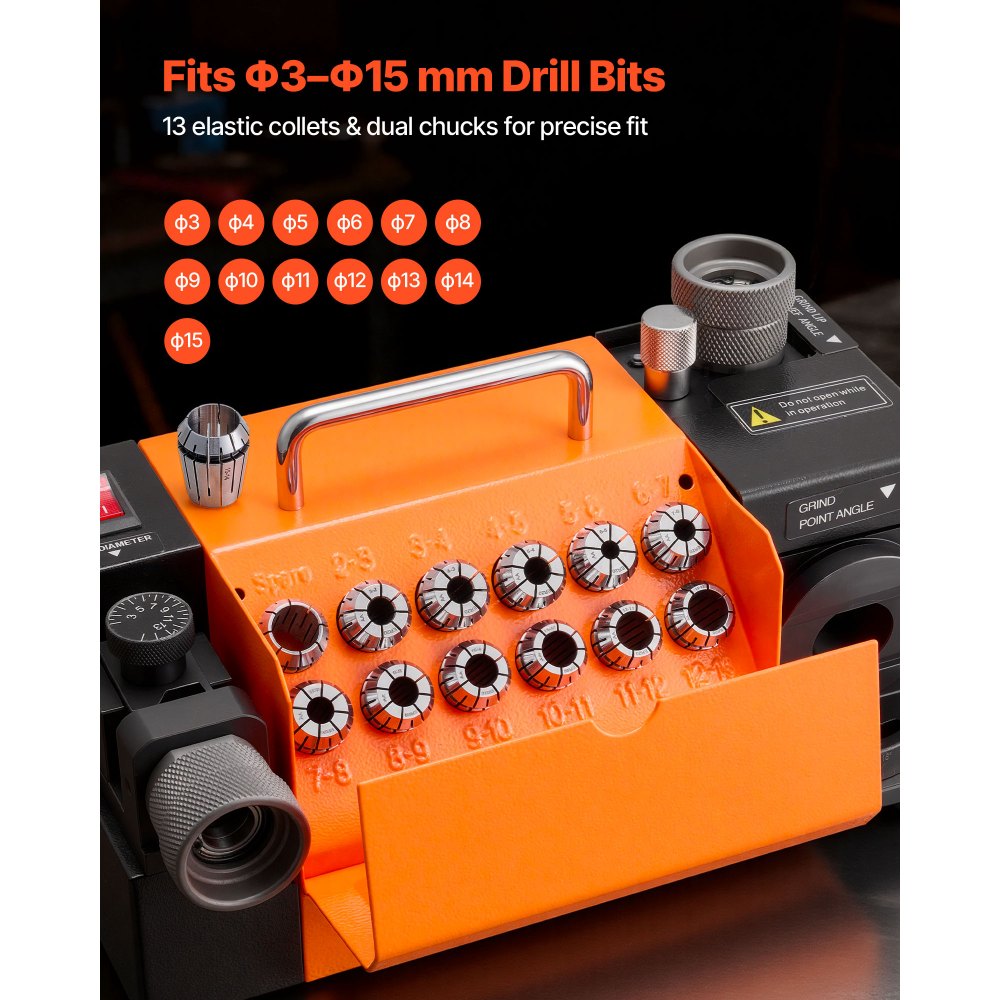 VEVOR Drill Bits Sharpener MR-13A+, 3-15mm Drill Bit Grinder Sharpener with 95°-135° Adjustable Point Angle, 5800RPM High Speed Re-Sharpening Machine with 13 Collets & CBN Wheel for Workshops Garages