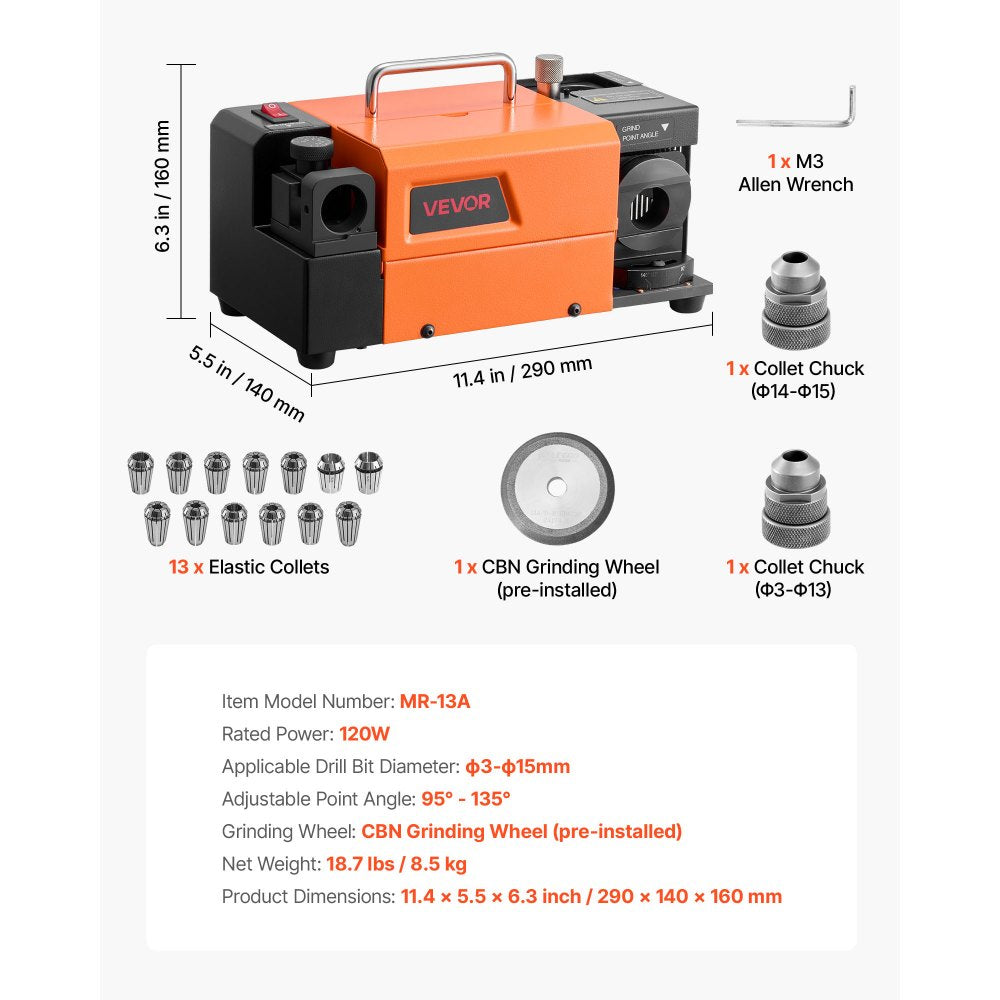 VEVOR Drill Bits Sharpener MR-13A+, 3-15mm Drill Bit Grinder Sharpener with 95°-135° Adjustable Point Angle, 5800RPM High Speed Re-Sharpening Machine with 13 Collets & CBN Wheel for Workshops Garages