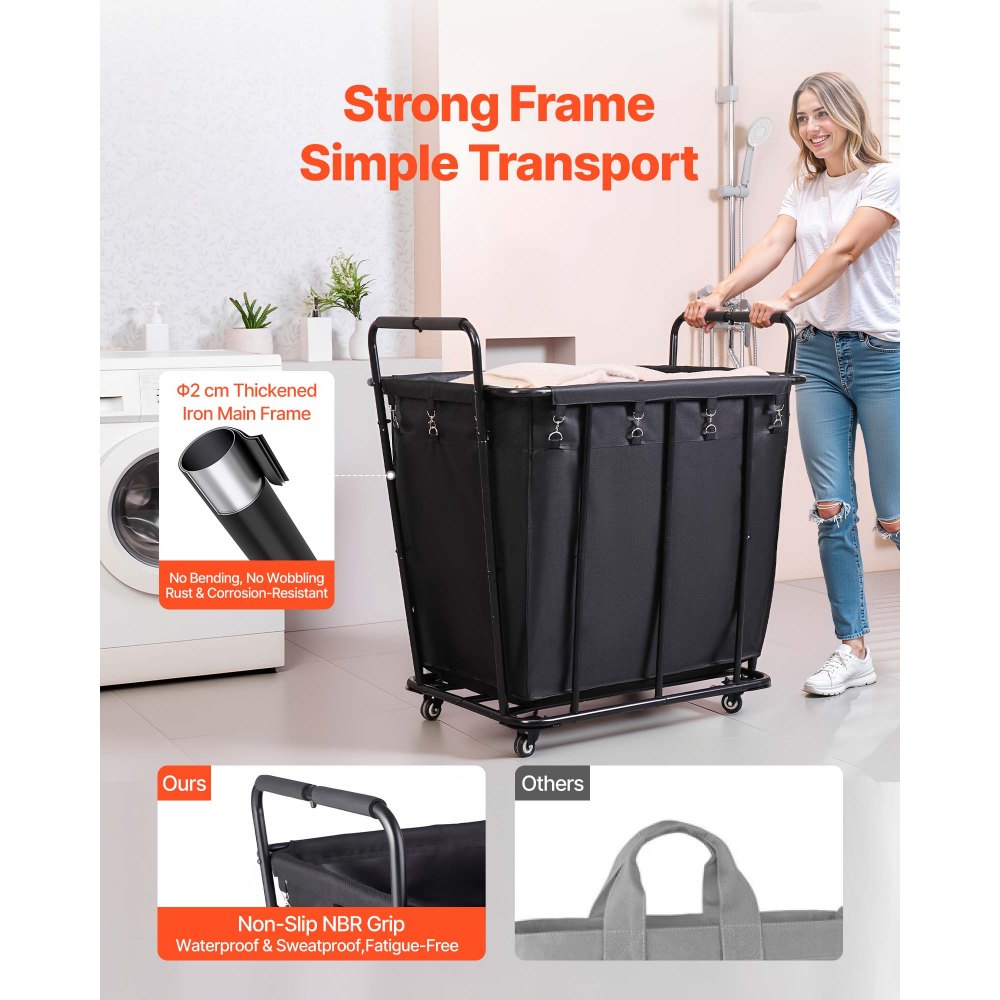 VEVOR Laundry Cart, Rolling Grocery Utility Cart with Waterproof Liner & Swivel Wheels, 260 LBS Large Load Capacity, Heavy Duty Shopping Basket for Laundry, Shopping, Camping, Grocery, Luggage, Black