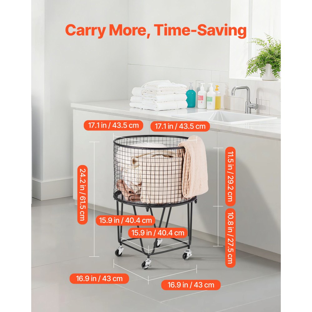 VEVOR Laundry Cart, Rolling Round Grocery Utility Cart with 360° Swivel Wheels, 60 LBS Large Load Capacity, Heavy Duty Carbon Steel Shopping Basket for Laundry, Shopping, Camping, Grocery, Luggage