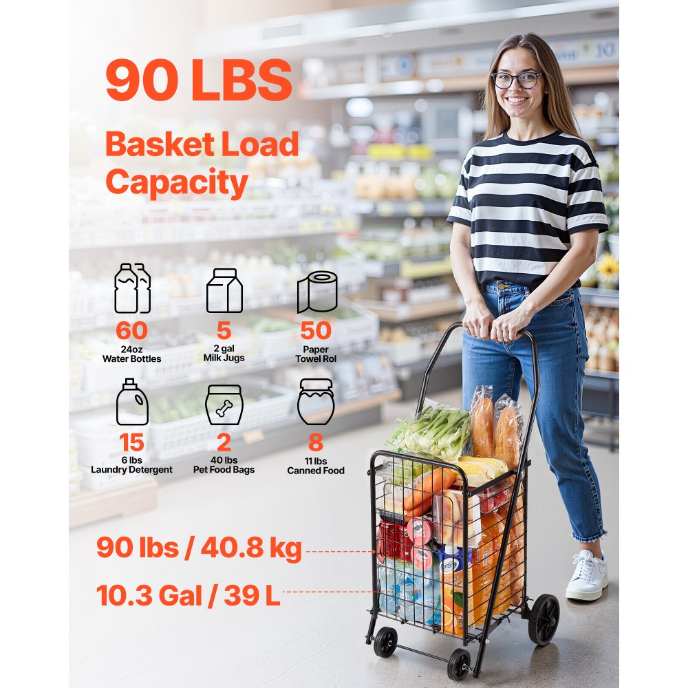 VEVOR Shopping Cart, Folding Grocery Utility Cart with Swivel Wheels, 90 LBS Large Load Capacity, Heavy Duty Rolling Laundry Basket Butler for Laundry, Shopping, Camping, Grocery, Luggage, Black