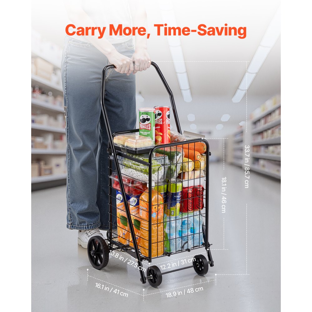 VEVOR Shopping Cart, Folding Grocery Utility Cart with Swivel Wheels, 90 LBS Large Load Capacity, Heavy Duty Rolling Laundry Basket Butler for Laundry, Shopping, Camping, Grocery, Luggage, Black