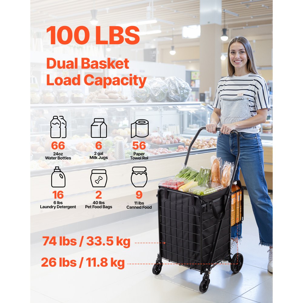 VEVOR Shopping Cart, Folding Grocery Utility Cart with Dual Baskets, Waterproof Liner & Wheels, 100 LBS Large Load Capacity, Heavy Duty Laundry Basket for Laundry, Shopping, Camping, Grocery, Luggage