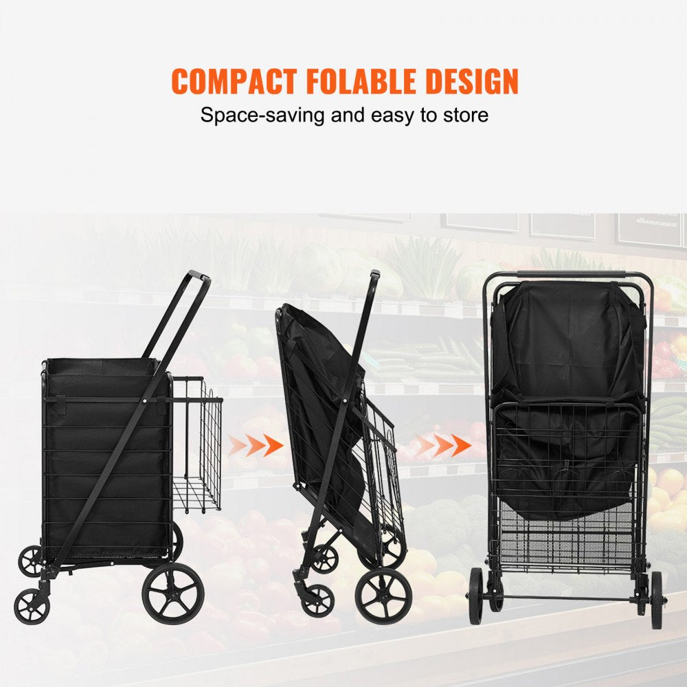 VEVOR Folding Shopping Cart with Removable Waterproof Liner, 210LBS Large Capacity Jumbo Grocery Cart with Dual Basket, 360° Swivel Wheels, Dense Metal Mesh Base, Heavy Duty Utility Cart for Shopping