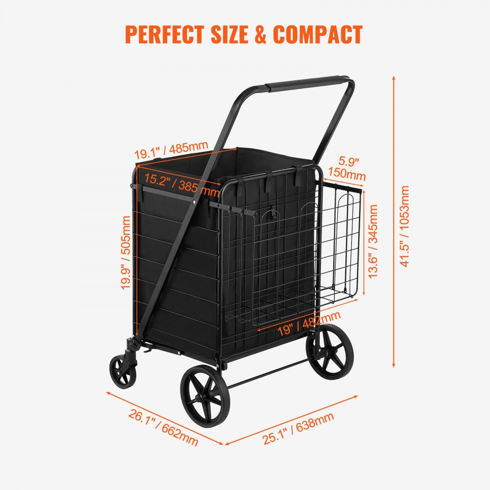 VEVOR Folding Shopping Cart with Removable Waterproof Liner, 210LBS Large Capacity Jumbo Grocery Cart with Dual Basket, 360° Swivel Wheels, Dense Metal Mesh Base, Heavy Duty Utility Cart for Shopping