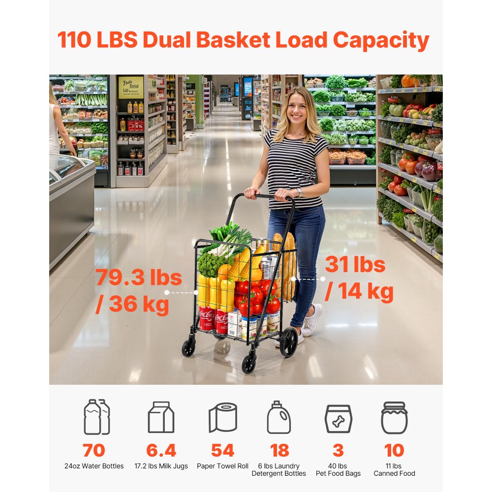 VEVOR Folding Shopping Cart, Jumbo Grocery Cart with Double Baskets, 360° Swivel Wheels, Heavy Duty Utility Cart, 110 LBS Large Capacity Utility Cart for Laundry, Shopping, Grocery, Luggage