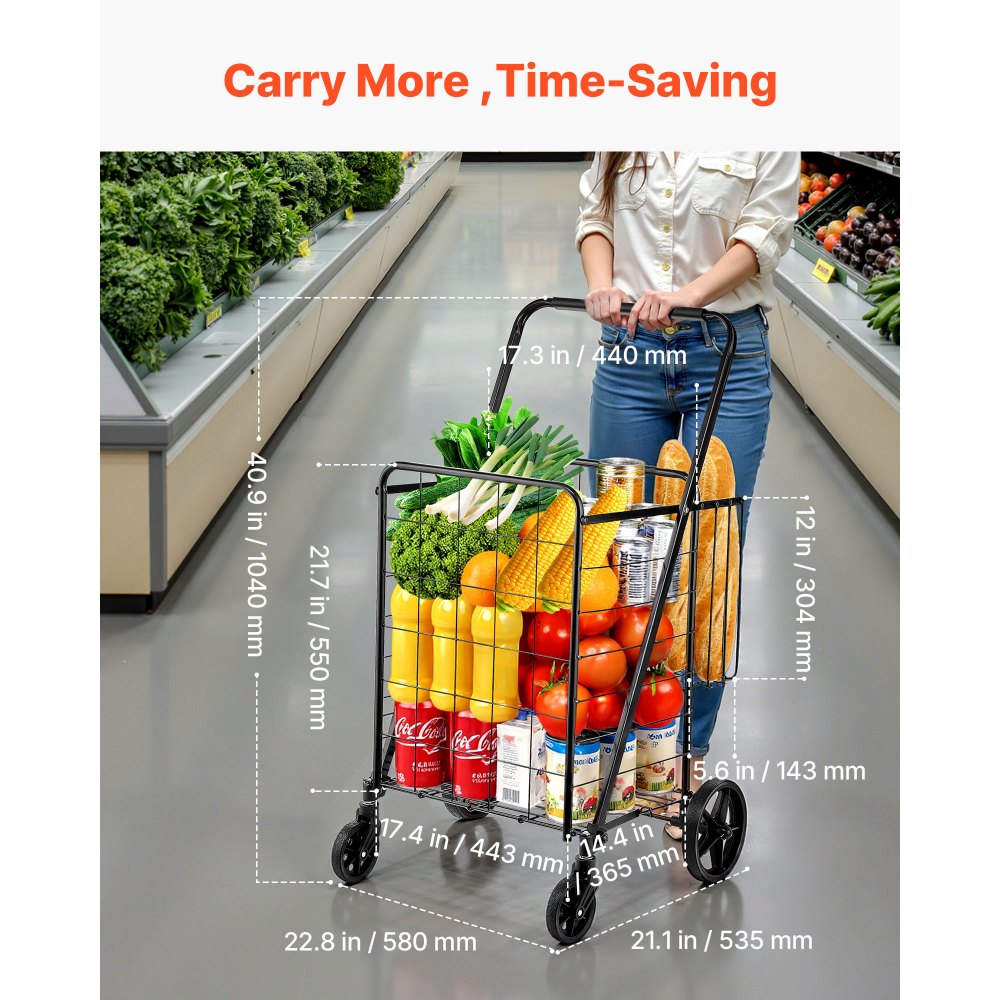 VEVOR Folding Shopping Cart, Jumbo Grocery Cart with Double Baskets, 360° Swivel Wheels, Heavy Duty Utility Cart, 110 LBS Large Capacity Utility Cart for Laundry, Shopping, Grocery, Luggage