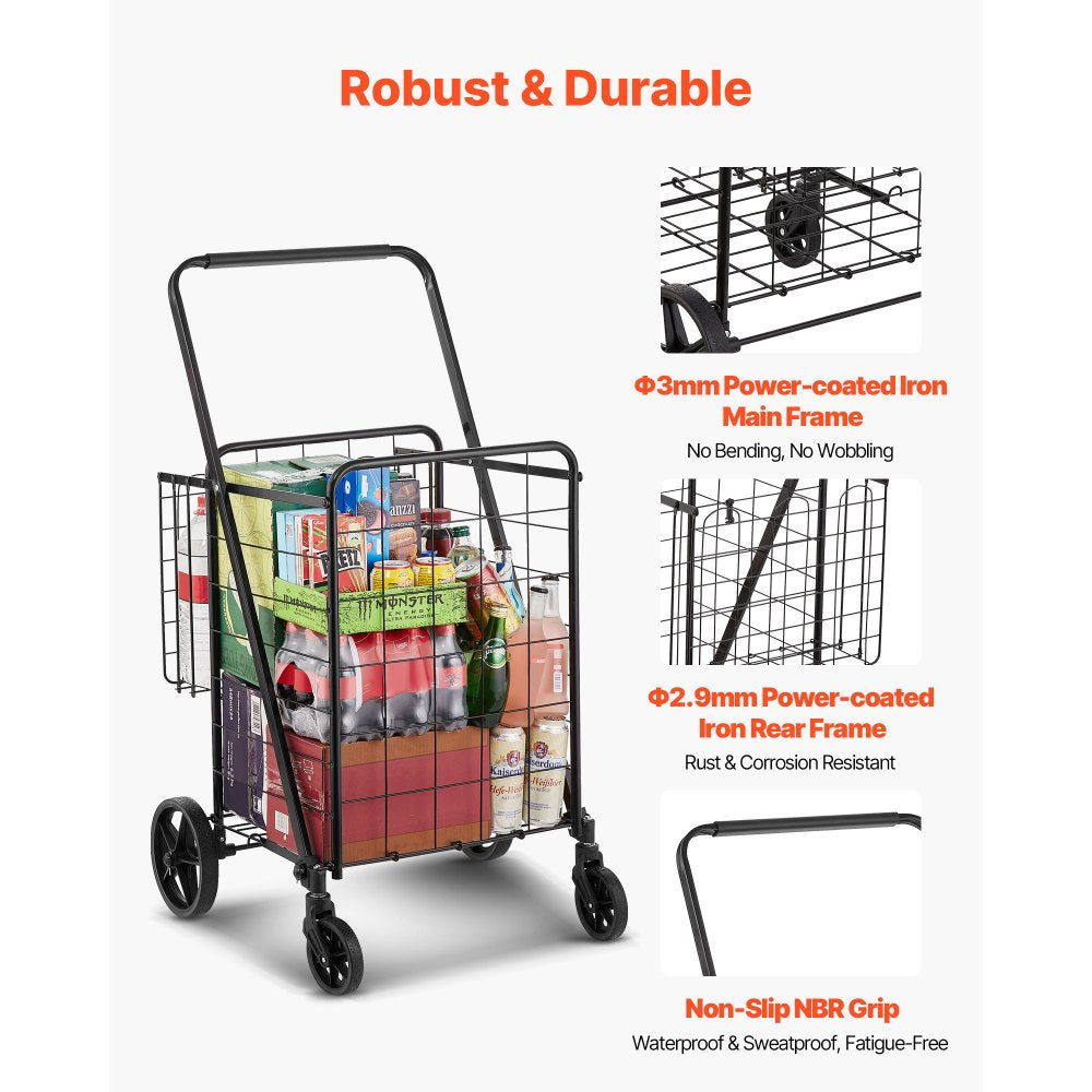VEVOR Folding Shopping Cart, Jumbo Grocery Cart with Double Baskets, 360° Swivel Wheels, Heavy Duty Utility Cart, 110 LBS Large Capacity Utility Cart for Laundry, Shopping, Grocery, Luggage