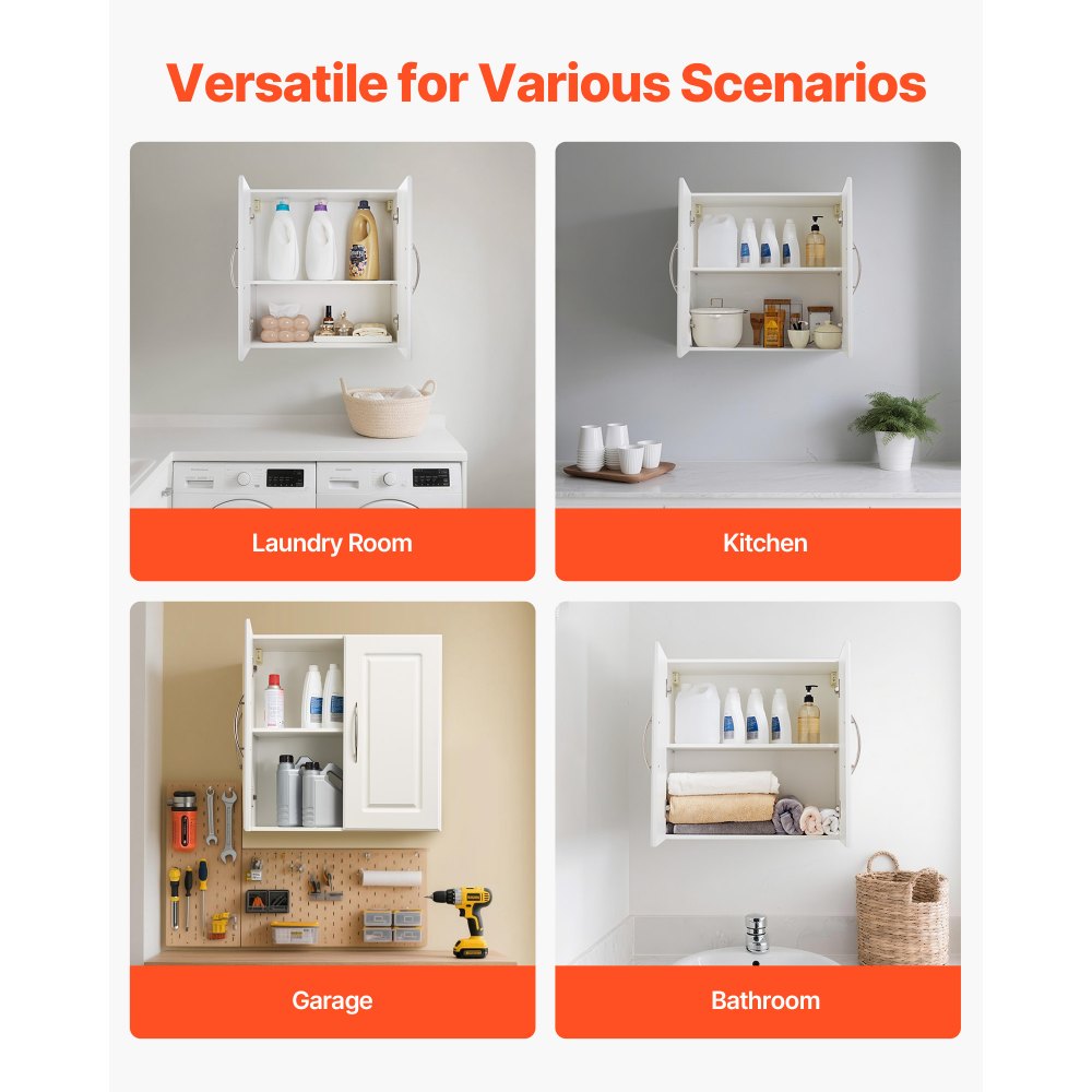 VEVOR Laundry Room Wall Cabinet, 2-Tier Wall Mounted Hanging Cabinet with Adjustable Shelf, Cupboard Storage with 2 Doors, for Kitchen, Bathroom, Laundry, 11.8 x 23.6 x 23.6 in (D x W x H), White