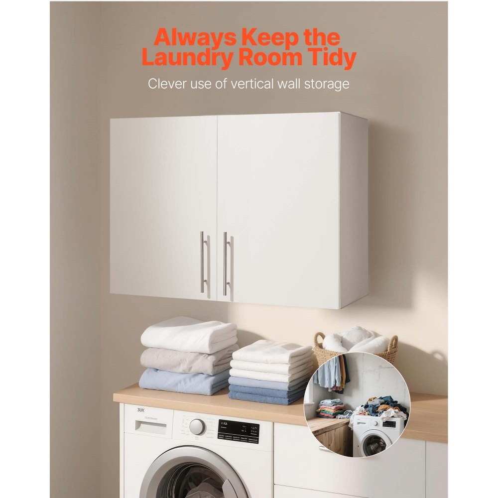 VEVOR Laundry Room Wall Cabinet, 2-Tier Wall Mounted Hanging Cabinet with Adjustable Shelf, 32 in Cupboard Storage with 2 Doors, for Bathroom, Kitchen, Laundry, 16 x 32 x 24 in (D x W x H), White