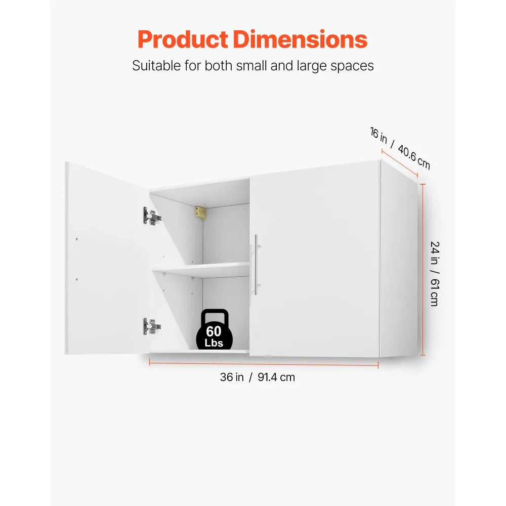 VEVOR Laundry Room Wall Cabinet, 2-Tier Wall Mounted Hanging Cabinet with Adjustable Shelf, 36 in Cupboard Storage with 2 Doors, for Kitchen, Bathroom, Laundry, 16 x 36 x 24 in (D x W x H), White