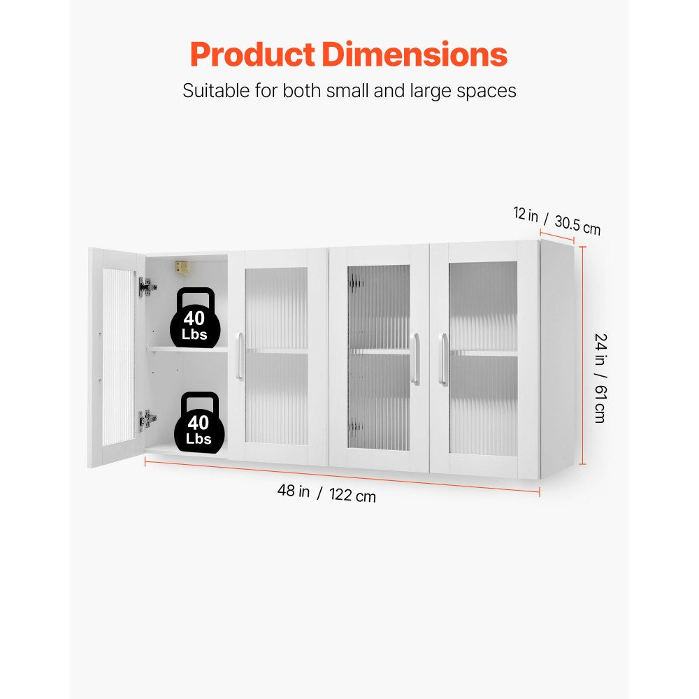 VEVOR Laundry Room Wall Cabinet, 2-Tier Wall Mounted Cabinet with Adjustable Shelf, Cupboard Storage with 4 Doors, for Kitchen, Bathroom, Laundry, Set of 2, Each 12 x 24 x 24 in (D x W x H), White