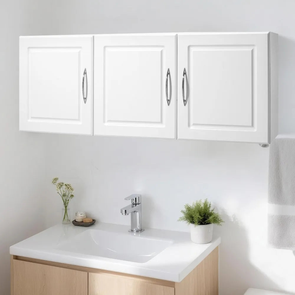 VEVOR Laundry Room Wall Cabinet, 2-Tier Wall Mounted Hanging Cabinet with Adjustable Shelf, Cupboard Storage with 3 Doors, for Kitchen, Bathroom, Laundry, 12.44 x 54 x 20.31 in (D x W x H), White