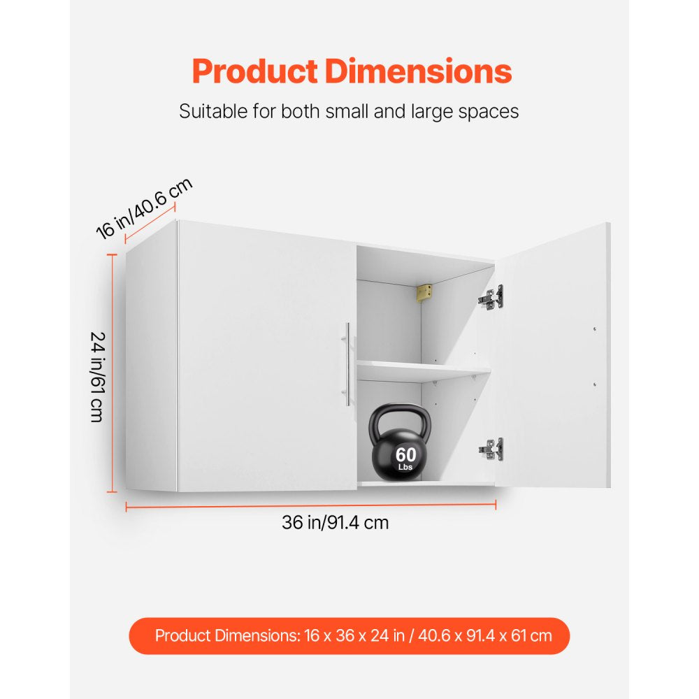 VEVOR Laundry Room Wall Cabinet, 2-Tier Wall Mounted Hanging Cabinet with 2 Doors, Cupboard Organizer with Adjustable Shelf, for Bathroom, Kitchen, Garage, Laundry, 16 x 36 x 24 in (D x W x H), White