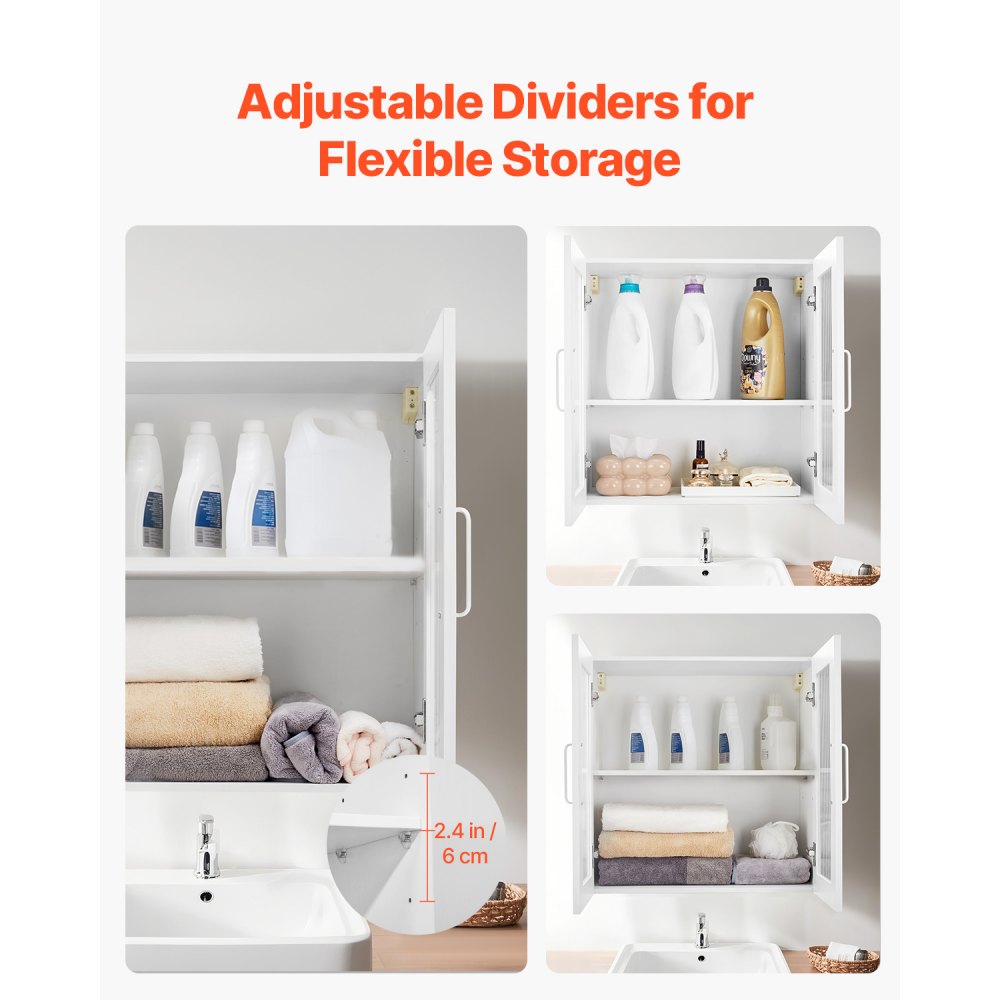 VEVOR Laundry Room Wall Cabinet, 2-Tier Wall Mounted Cabinet with 4 Doors, Cupboard Organizer with Adjustable Shelf, for Kitchen, Garage, Laundry, Set of 2, Each 12 x 24 x 24 in (D x W x H), White