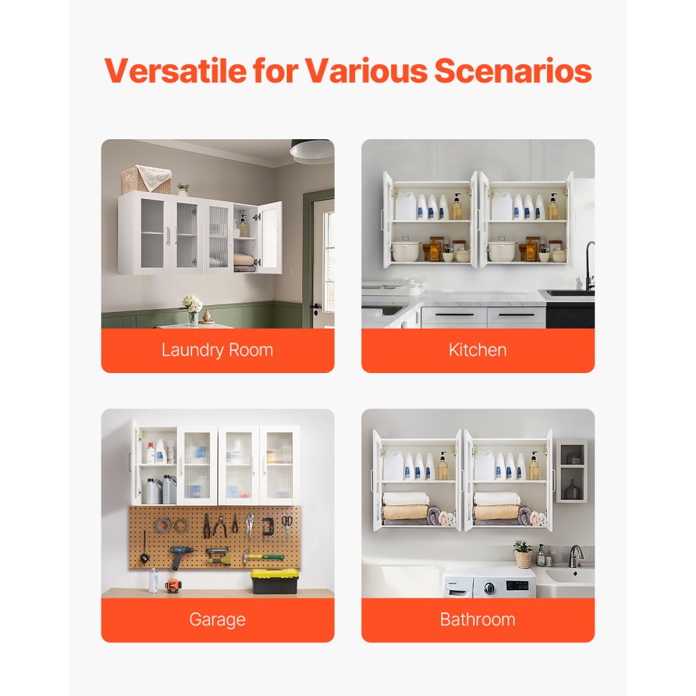 VEVOR Laundry Room Wall Cabinet, 2-Tier Wall Mounted Cabinet with 4 Doors, Cupboard Organizer with Adjustable Shelf, for Kitchen, Garage, Laundry, Set of 2, Each 12 x 24 x 24 in (D x W x H), White