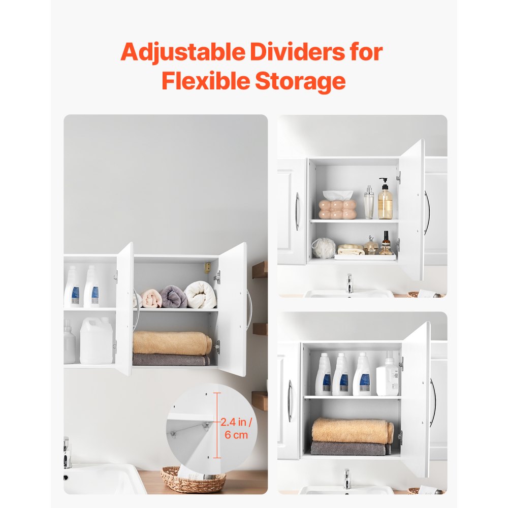 VEVOR Laundry Room Wall Cabinet, 2-Tier Wall Mounted Hanging Cabinet with 3 Doors, Cupboard Organizer with Adjustable Shelf, for Kitchen, Garage, Laundry, 12.44 x 54 x 20.31 in (D x W x H), White