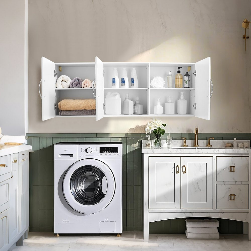 VEVOR Laundry Room Wall Cabinet, 2-Tier Wall Mounted Hanging Cabinet with 3 Doors, Cupboard Organizer with Adjustable Shelf, for Kitchen, Garage, Laundry, 12.44 x 54 x 20.31 in (D x W x H), White