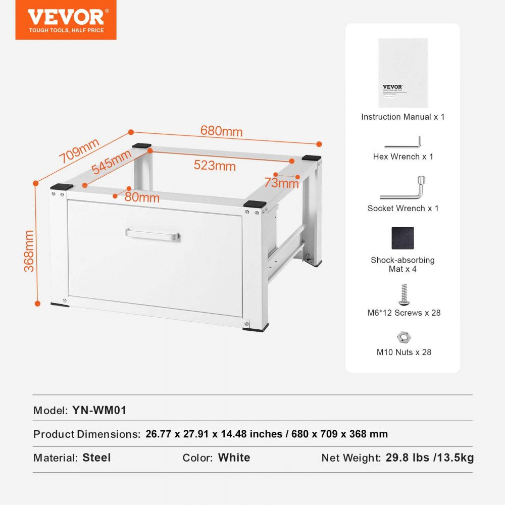VEVOR Laundry Pedestal 27" Wide 14.4" Height, Washer And Dryer Base Stand Platform Universal Fit 660lbs Capacity, Heavy Duty Multi-Functional Base for Washing Machine with Drawer & Rich Accessories