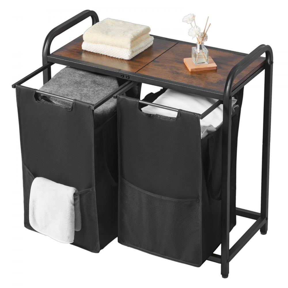 VEVOR 2 Section Laundry Sorter, Large Laundry Hamper with Metal Frame and Wooden Tabletop, Freestanding Storage Organizer Baskets with Pull-Out 600D Oxford Cloth Bags for Dirty Clothes, Bathroom