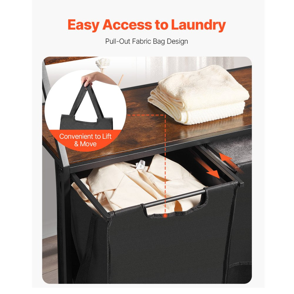 VEVOR 2 Tiers Laundry Sorter, Tall Laundry Hamper with Metal Frame and Wooden Tabletop, 3 Section Rolling Basket Organizer Storage with Ladder Shelves and 600D Oxford Cloth Bags for Dirty Clothes