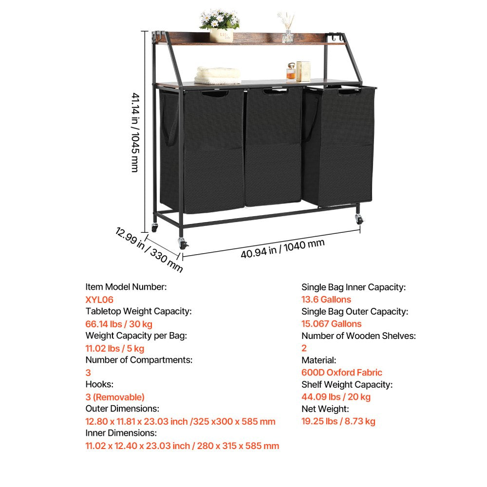 VEVOR 2 Tiers Laundry Sorter, Tall Laundry Hamper with Metal Frame and Wooden Tabletop, 3 Section Rolling Basket Organizer Storage with Ladder Shelves and 600D Oxford Cloth Bags for Dirty Clothes