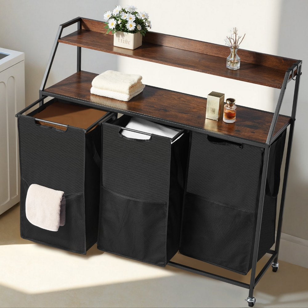 VEVOR 2 Tiers Laundry Sorter, Tall Laundry Hamper with Metal Frame and Wooden Tabletop, 3 Section Rolling Basket Organizer Storage with Ladder Shelves and 600D Oxford Cloth Bags for Dirty Clothes